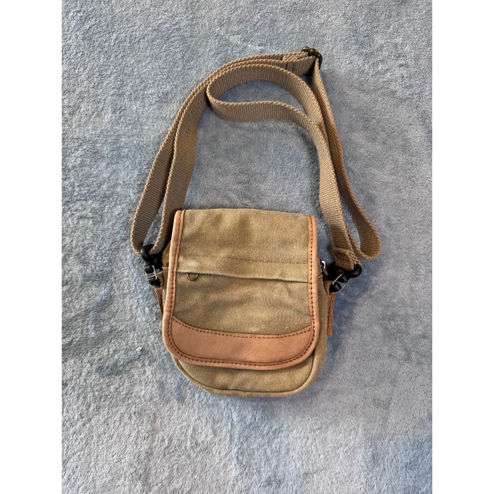L.L. Bean Canvas Leather Trim Crossbody Bag OS Khaki Magnetic Flap Pocket - Picture 2 of 8